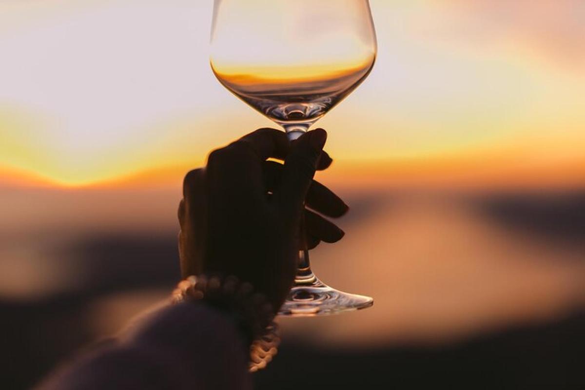 日落时举着酒杯的人