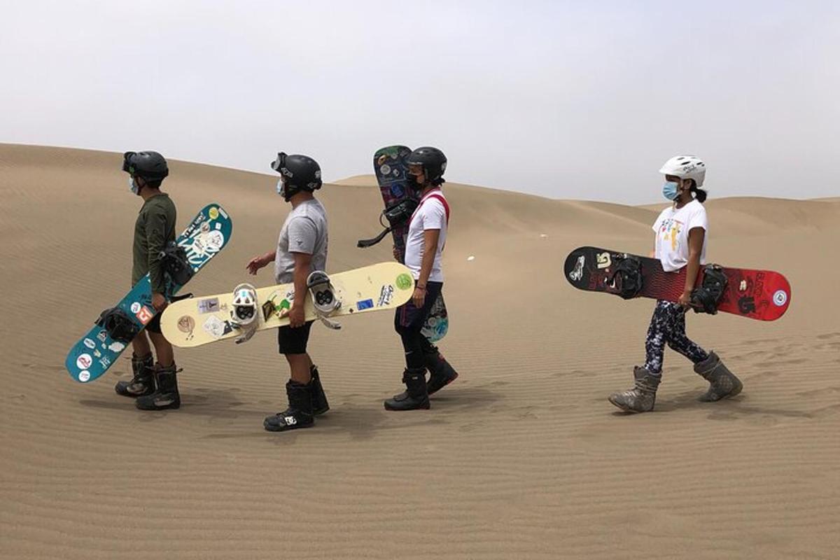 a group of people walking in the desert with skateboards