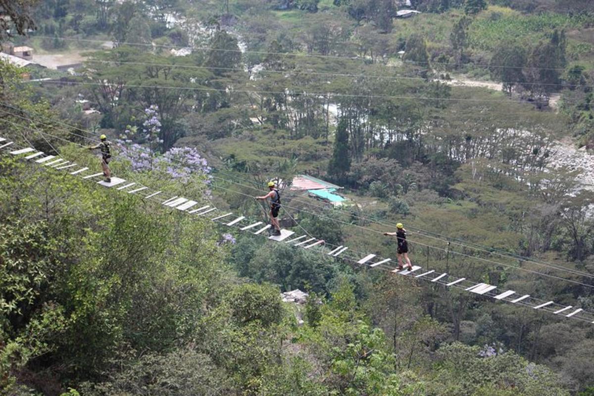 tři lidé jdoucí po zip line přes kopec