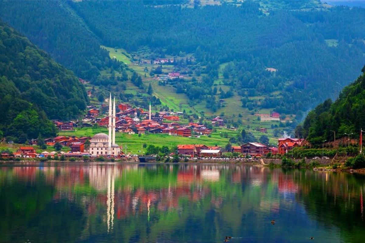 a small town on the shore of a lake