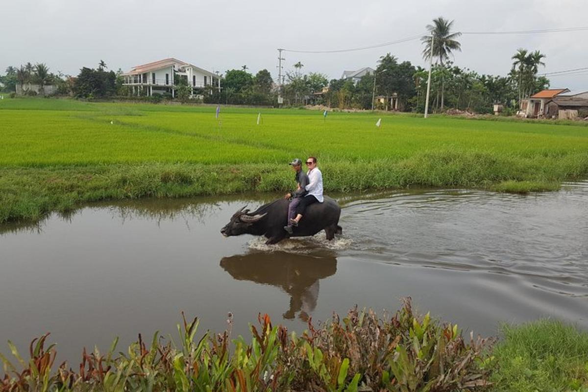 two people riding on an elephant through a river