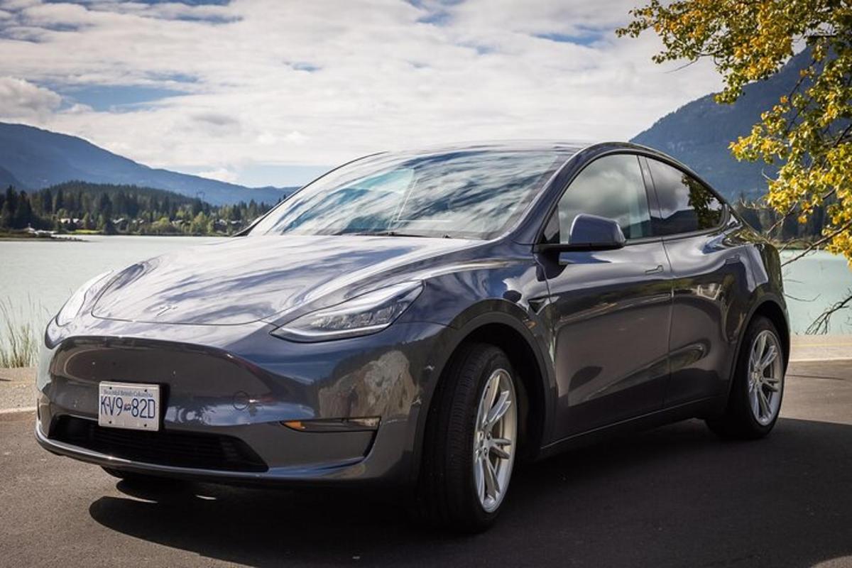modré auto Tesla zaparkované vedle jezera