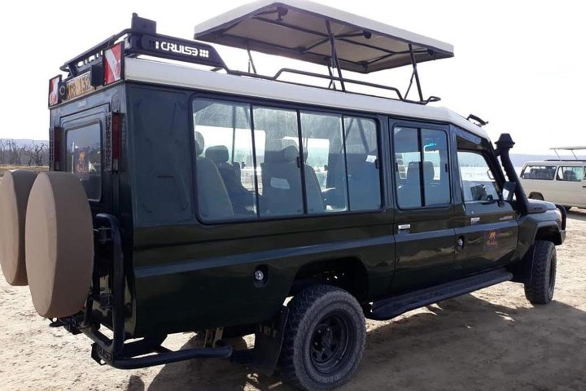 một chiếc xe jeep màu xanh lá cây có mái che ở trên nóc