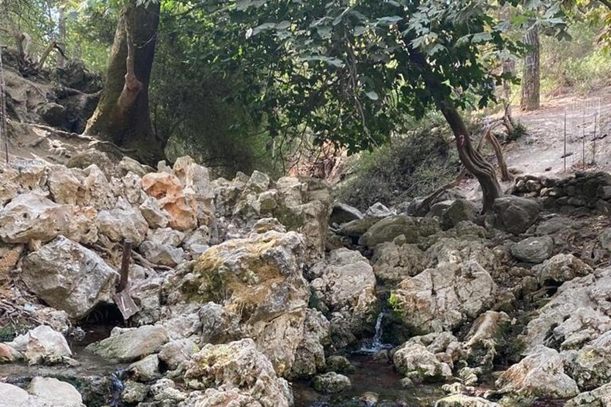 un mucchio di rocce su una strada sterrata accanto a un ruscello