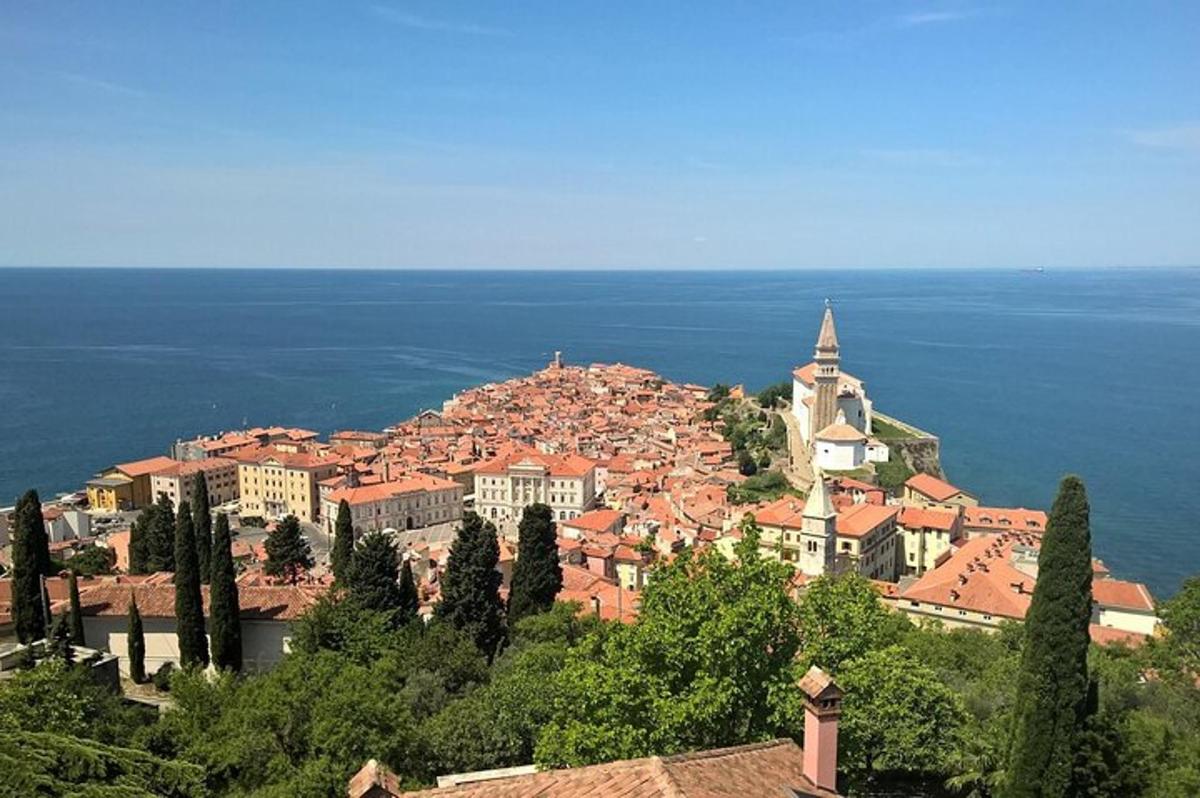a town on top of a hill next to the water
