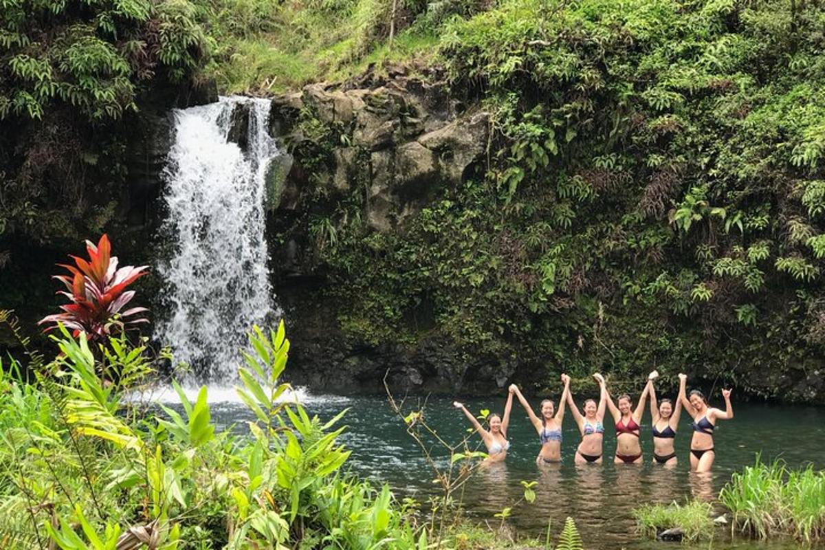 eine Gruppe von Menschen im Wasser vor einem Wasserfall