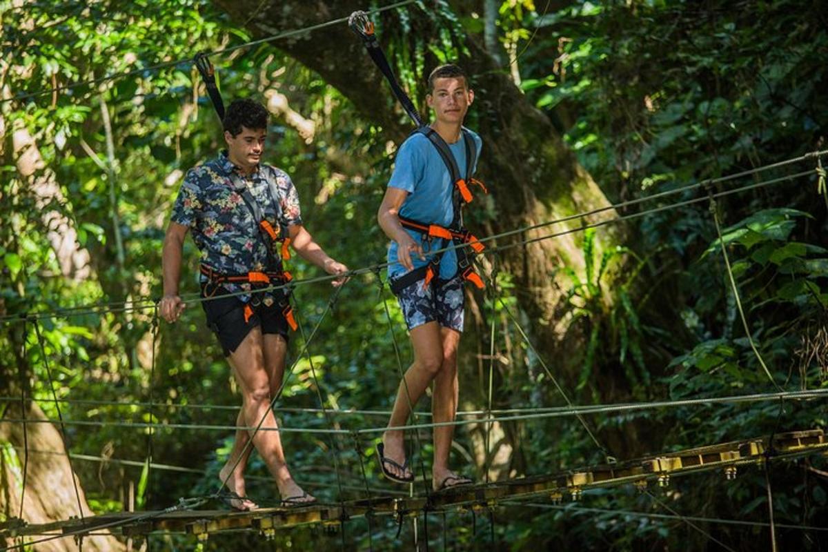 two men walking on a suspension bridge in the jungle