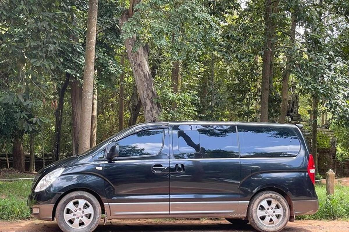 sebuah minivan hitam terparkir di depan beberapa pohon