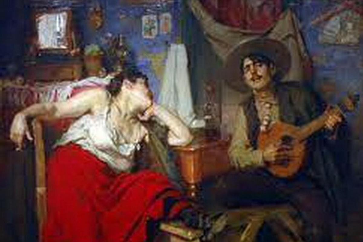 a painting of a man playing a guitar next to a woman