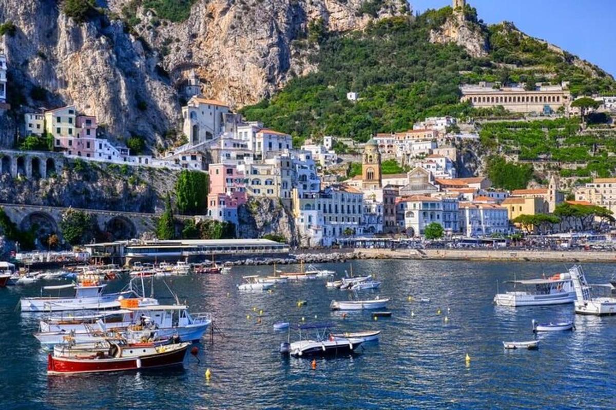 a group of boats in the water near a city