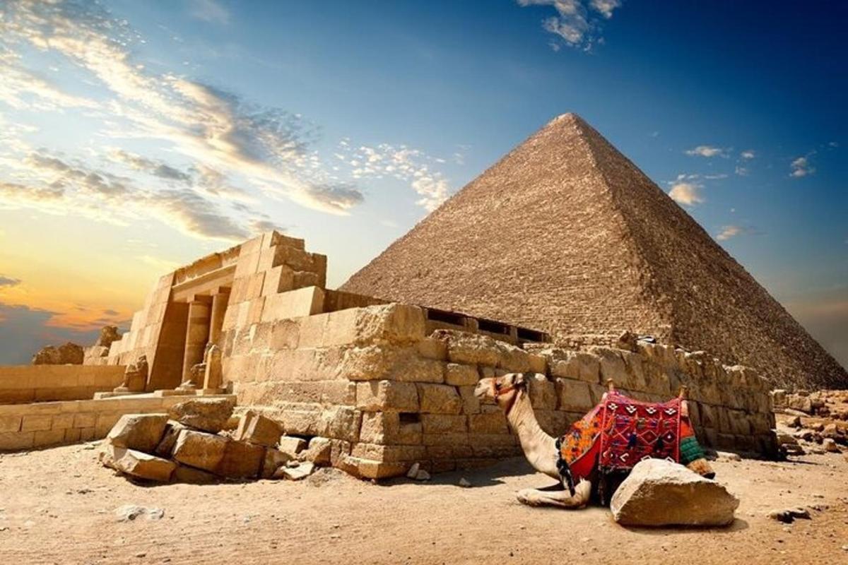 velbloud sedící před pyramidou