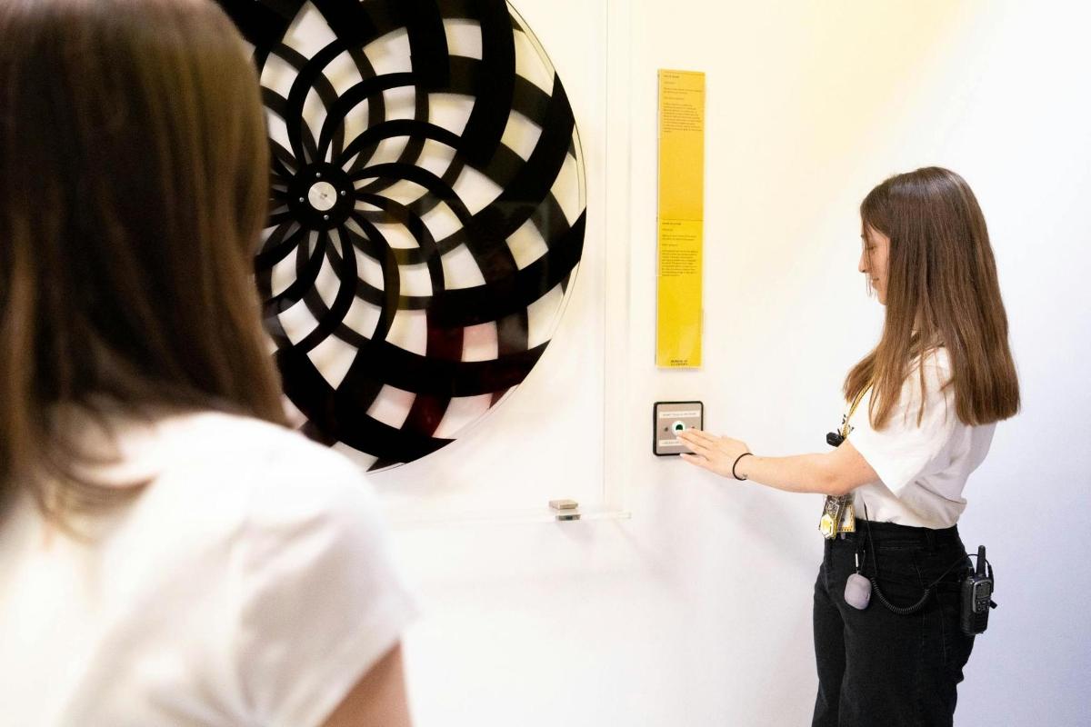 a woman is looking at a painting on a wall