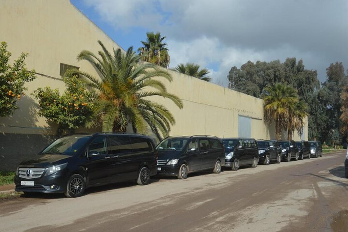 a line of cars parked next to a building
