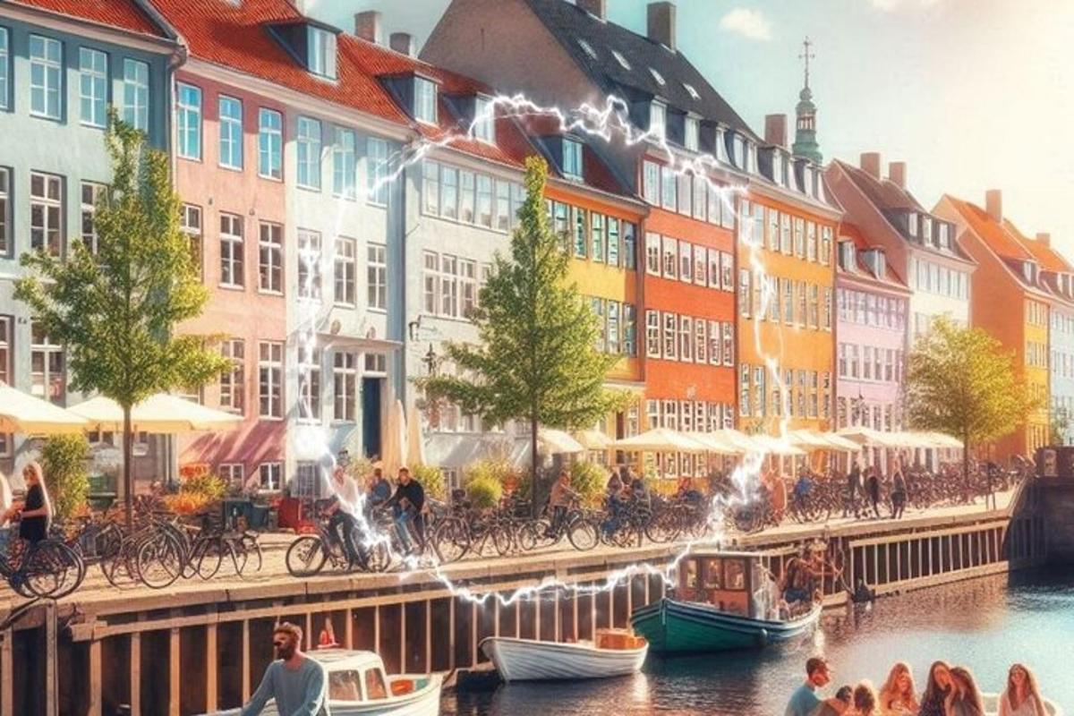 egy csoport ember csónakokban egy folyón, épületekkel körülvéve