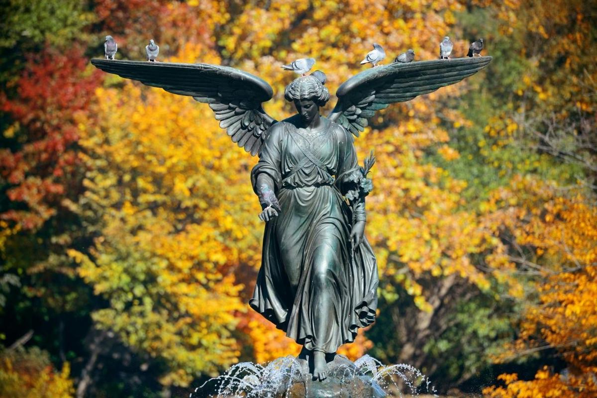 una statua di un angelo con uccelli sulle ali