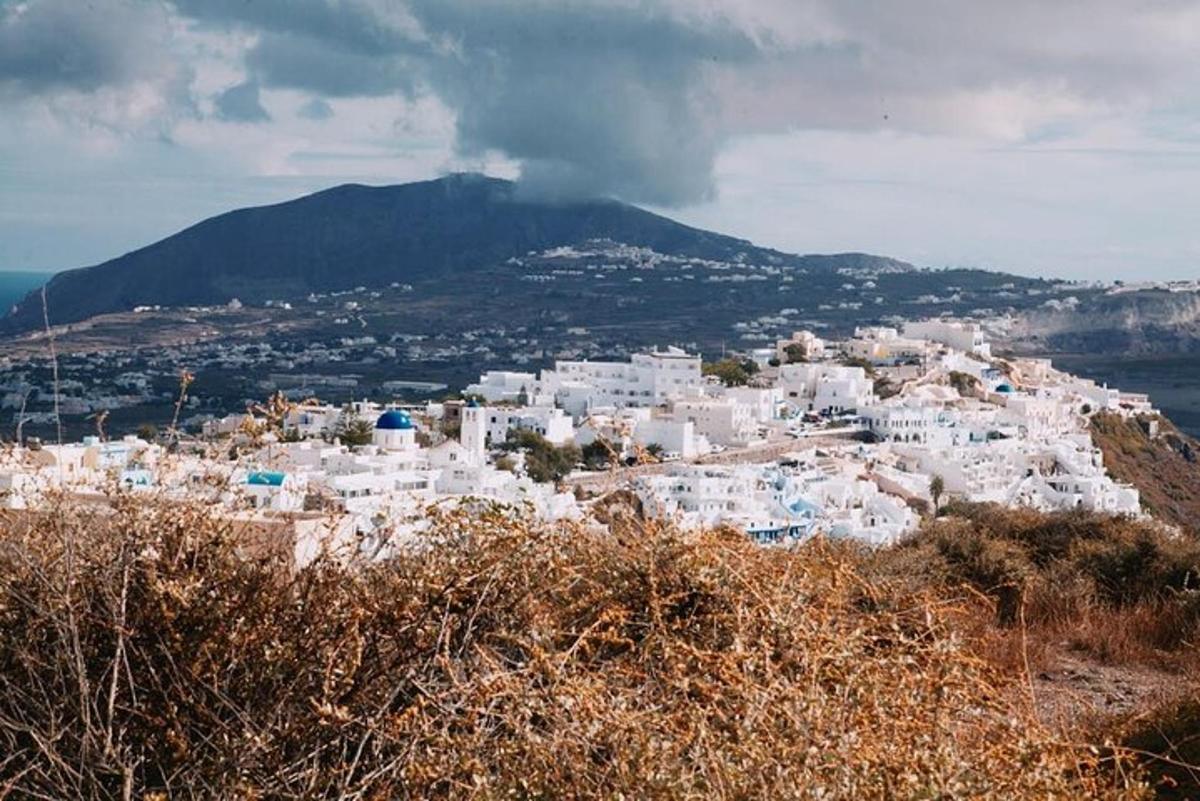 Un grupo de edificios blancos en una colina con una montaña.