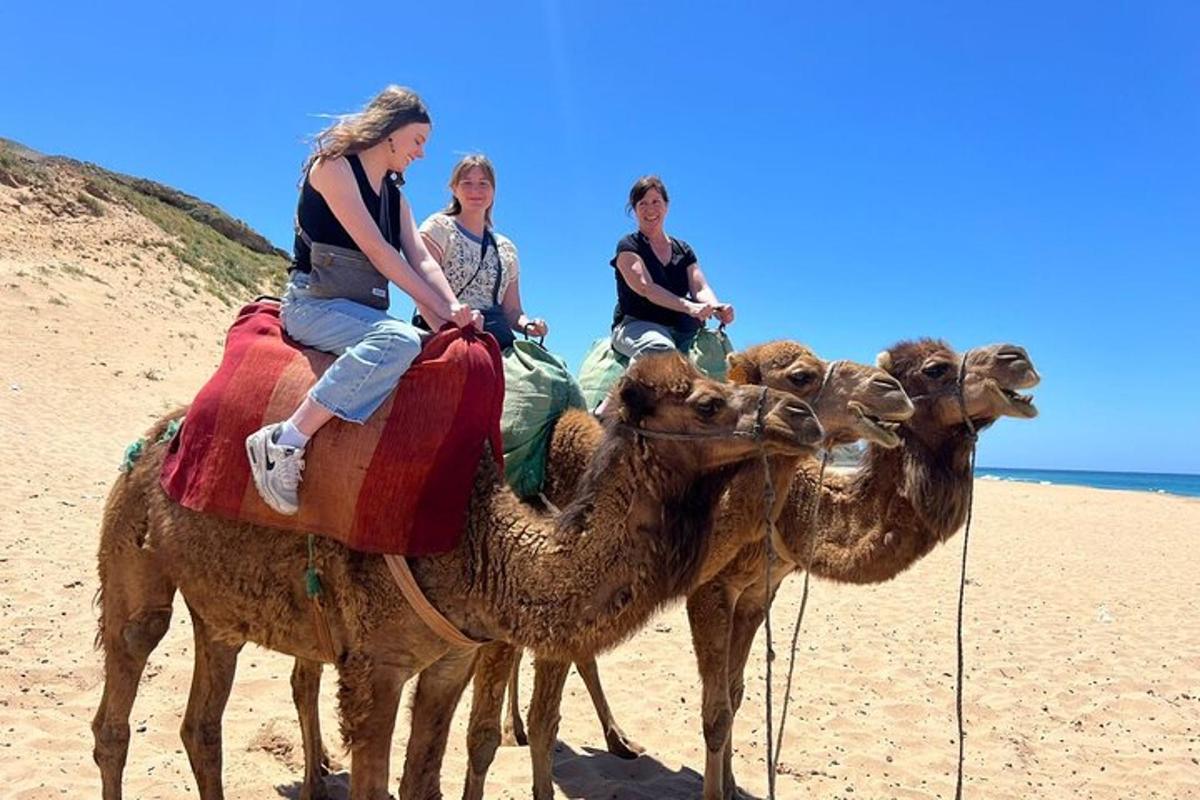 three women riding on the backs of camels on the beach