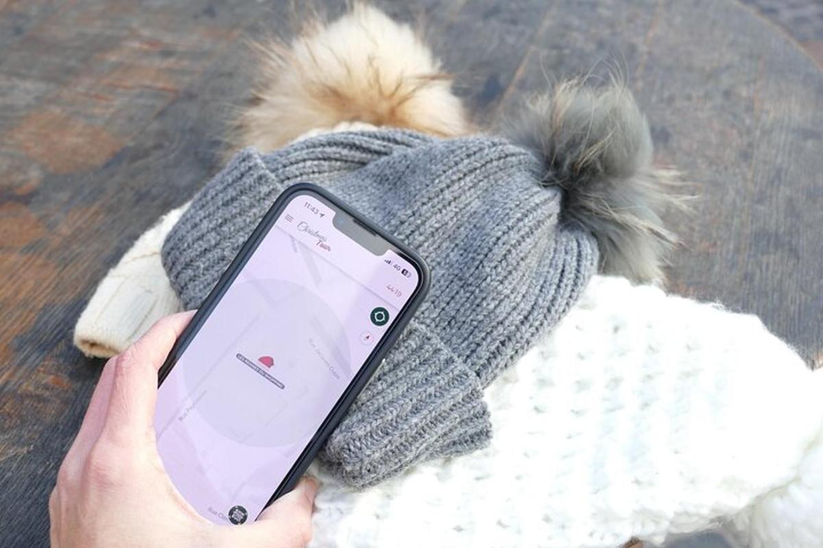 a person holding a cell phone with a hat and a dog