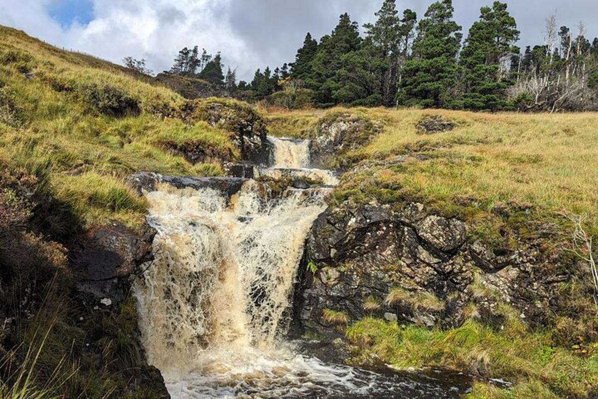 una cascata sul fianco di una collina erbosa