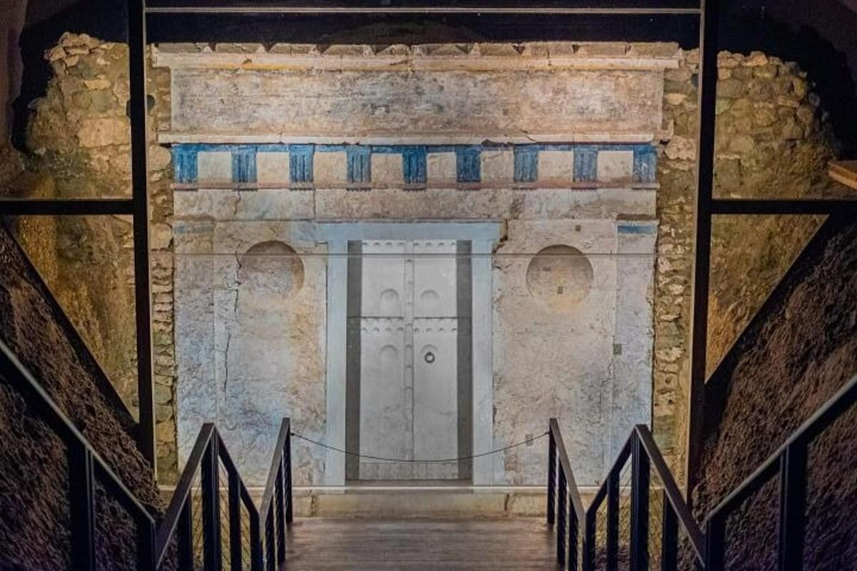 a view of a door in a stone building