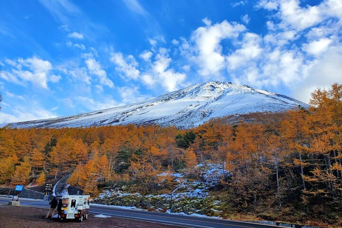 una muntanya coberta de neu amb un camió a la carretera