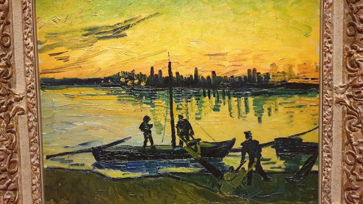 Una pintura de personas en un barco en el agua.