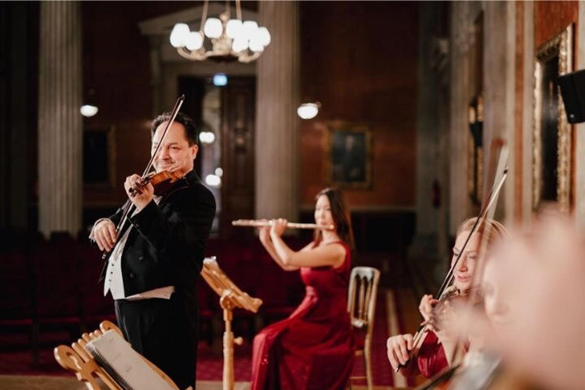 muž a žena hrající na housle v orchestru