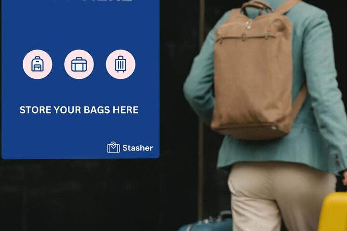 a person with a backpack standing in front of a sign