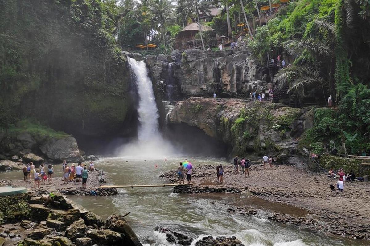 un gruppo di persone in piedi su una spiaggia vicino a una cascata