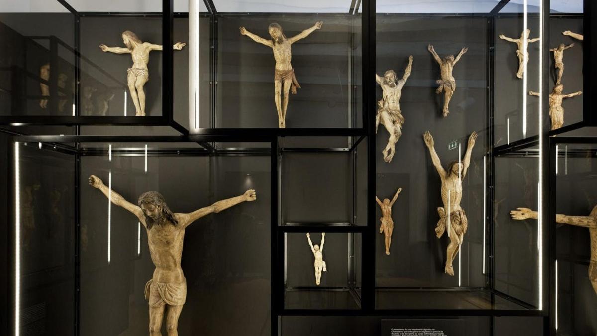 a display case with a group of human skeletons