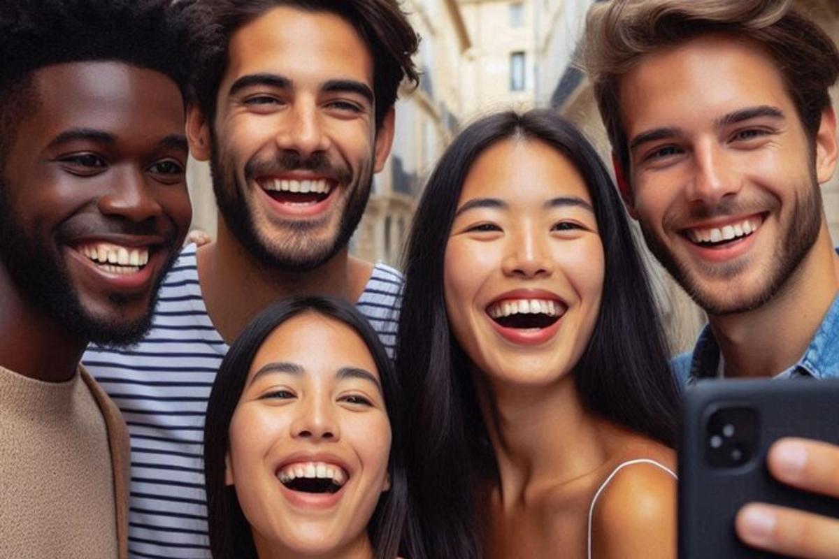 un grup de persones rient mentre miren un telèfon mòbil