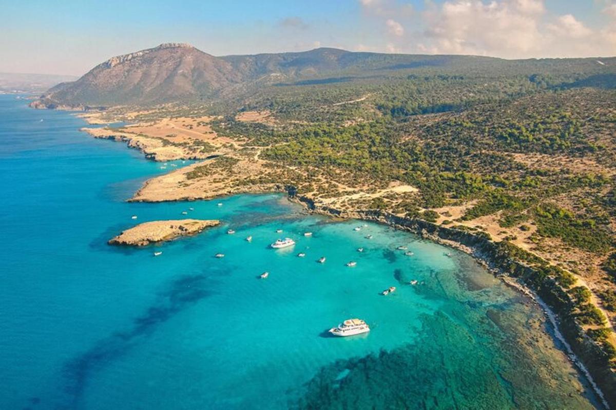 una vista aerea di una spiaggia con barche in acqua