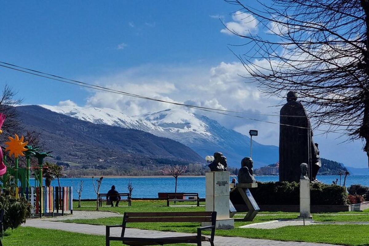 a statue in a park with a mountain in the background