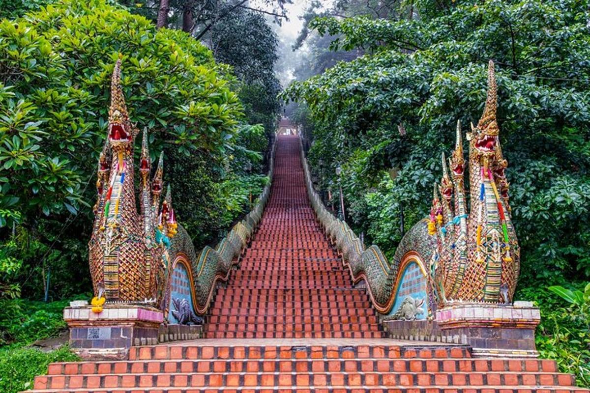 una escalera roja en un parque con árboles
