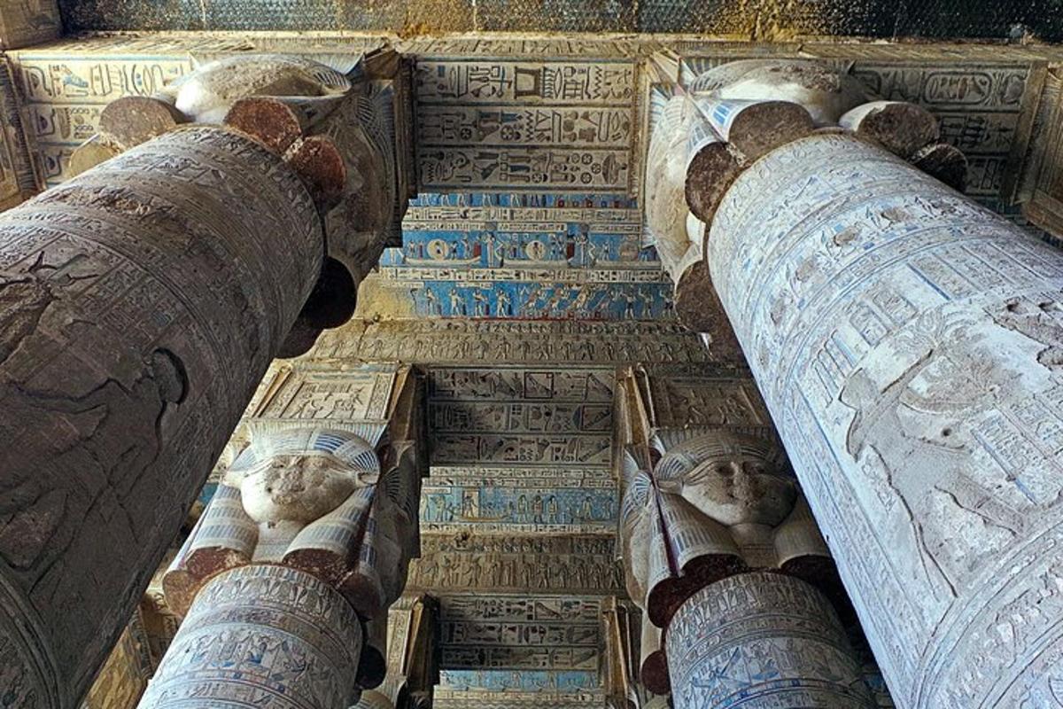 a group of columns with animals on the floor of a building