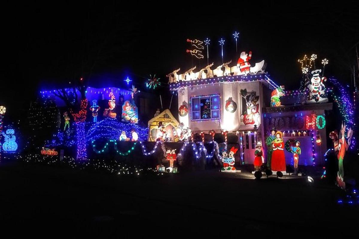 una casa ricoperta di luci e decorazioni natalizie