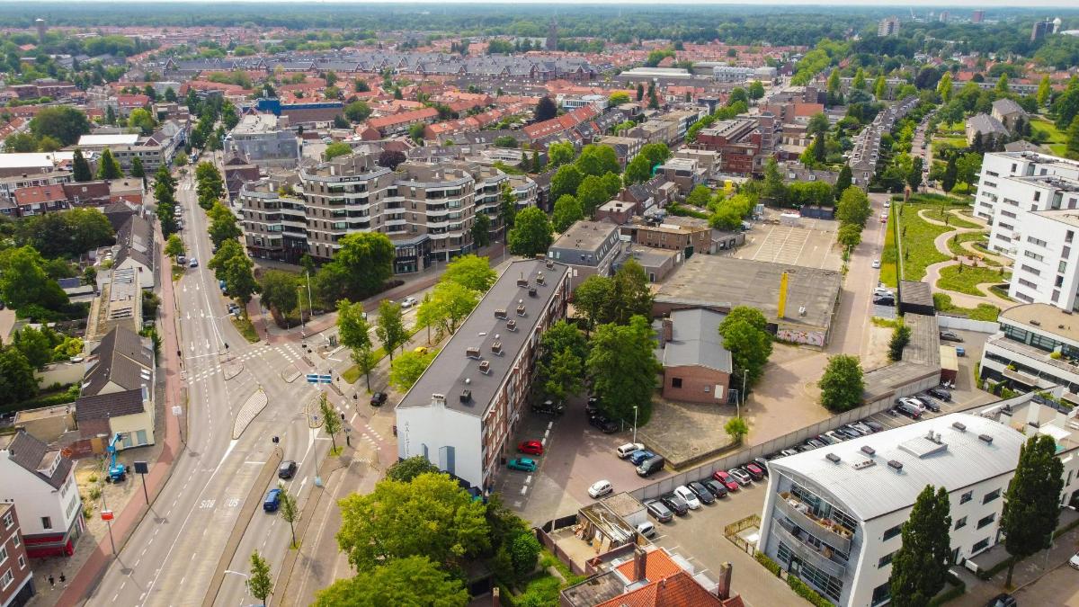 an aerial view of a city with buildings