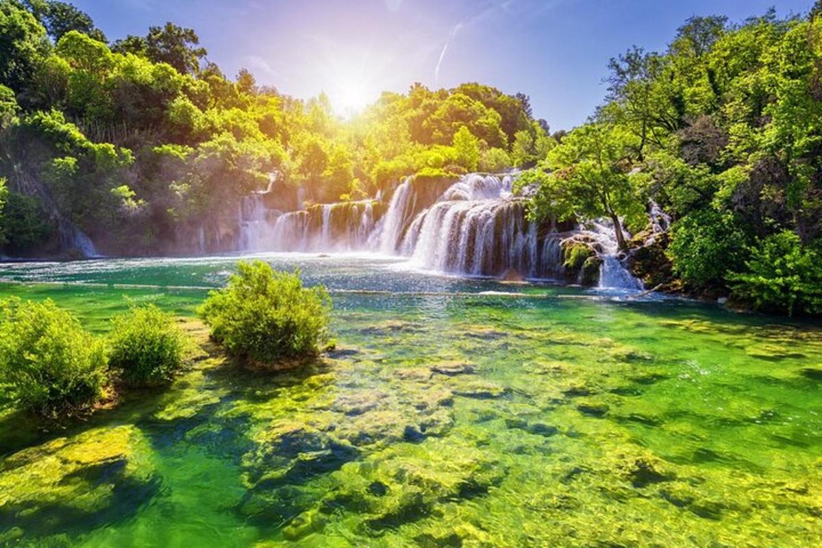 una cascata in mezzo a un campo verde