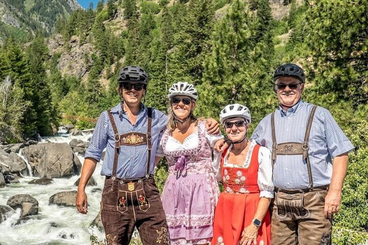 a group of people standing in front of a river