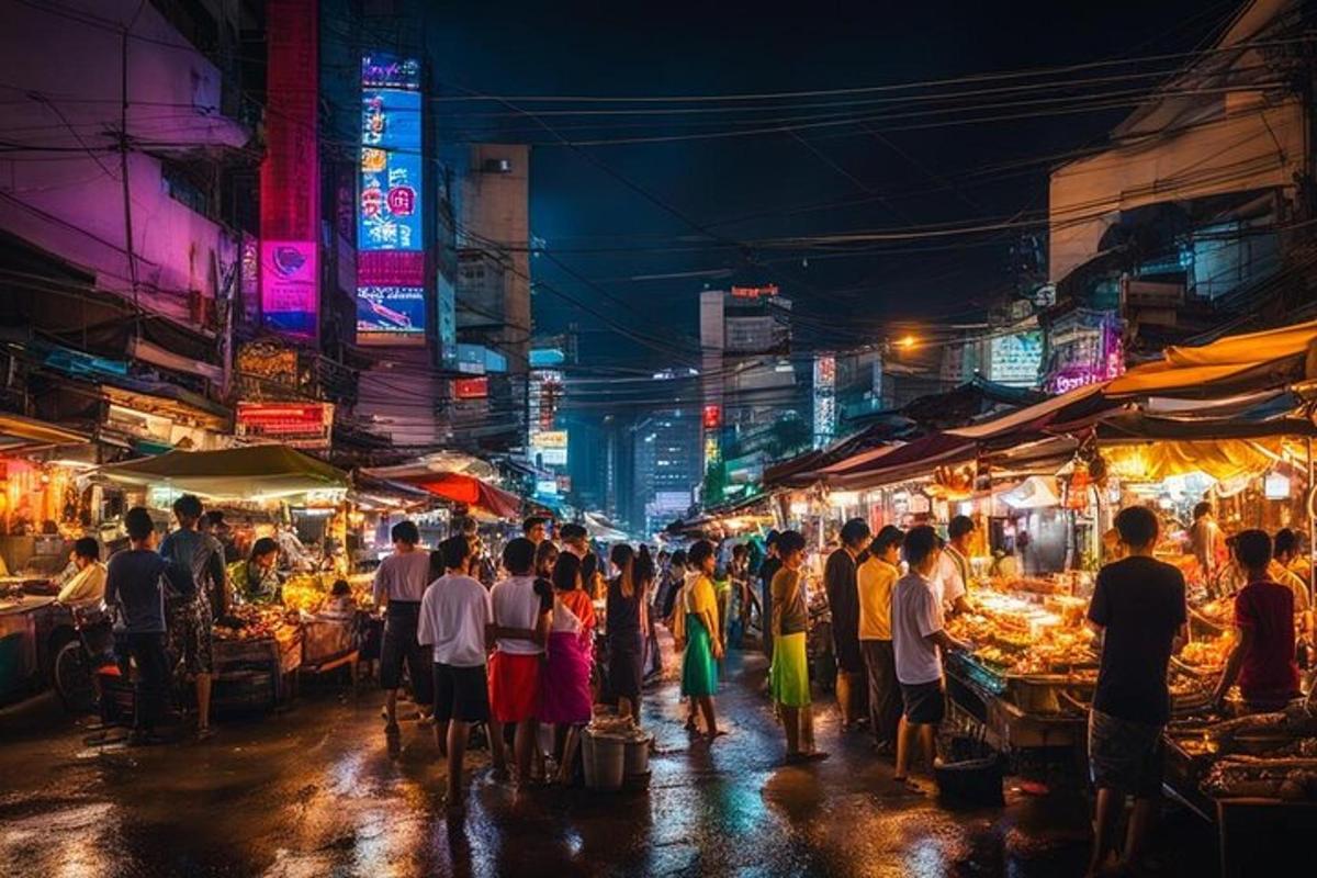 una folla di persone in piedi in un mercato di notte