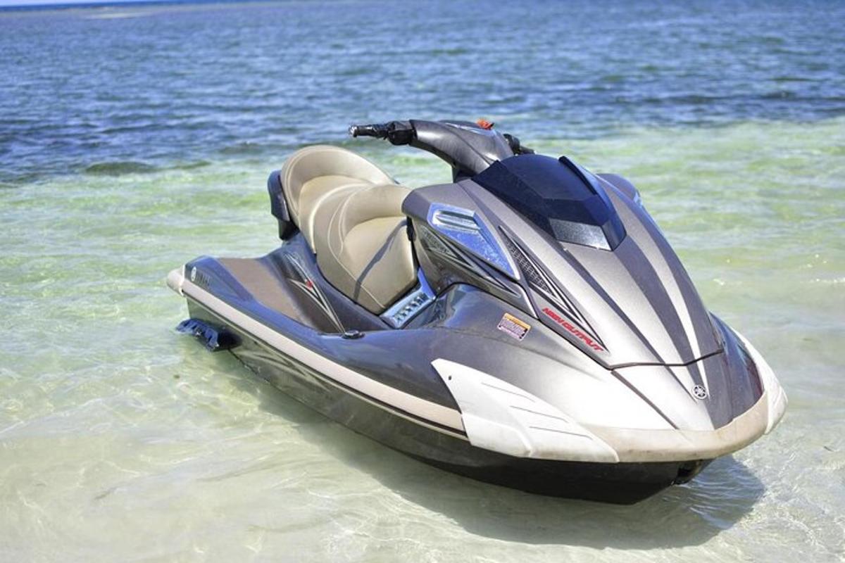 una moto d'acqua parcheggiata sulla spiaggia in acqua