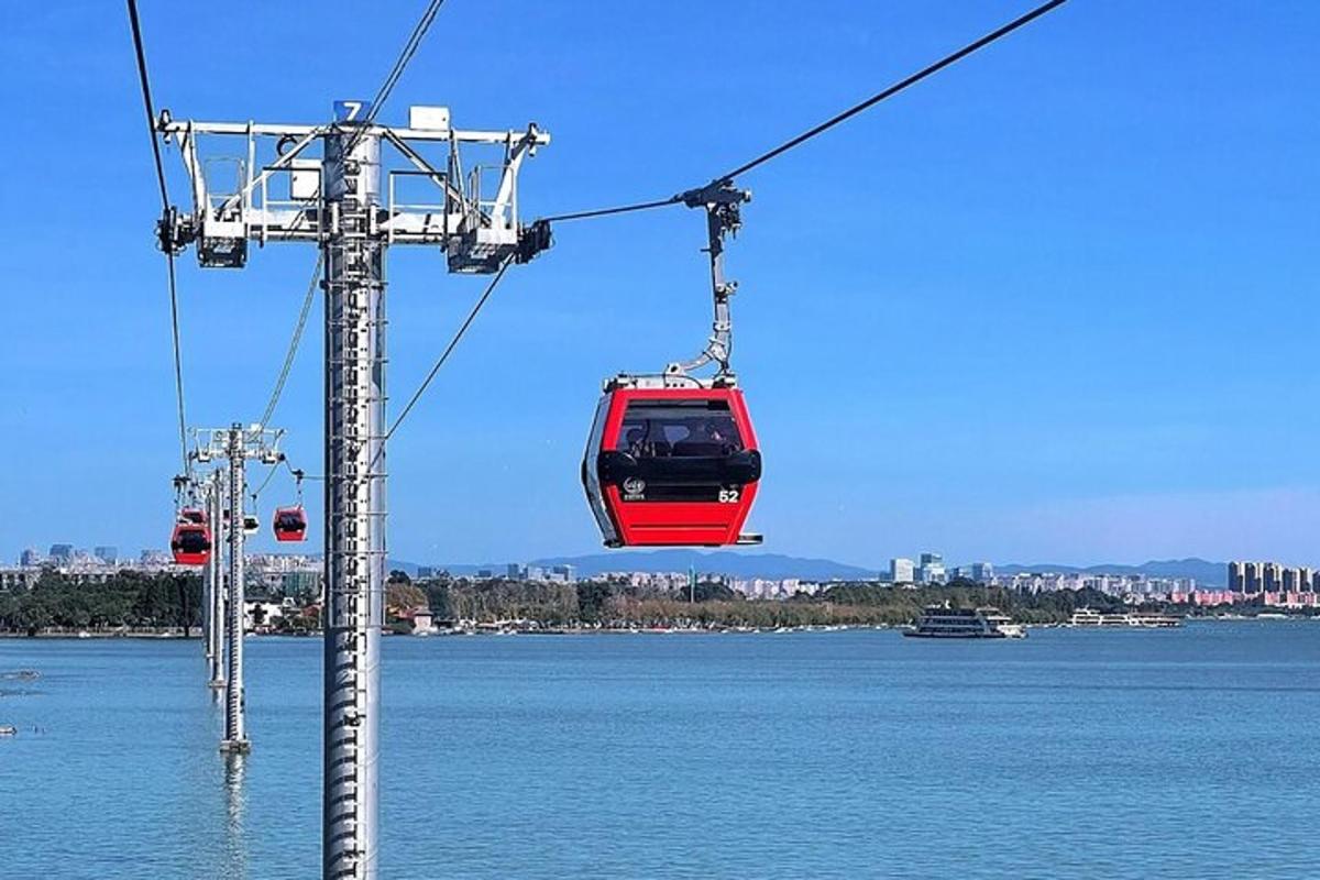Un teleférico rojo sobre un cuerpo de agua