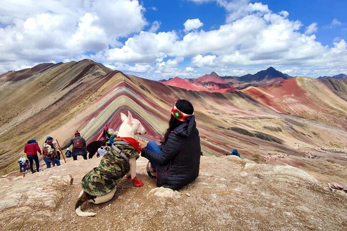 seorang wanita duduk di atas gunung dengan boneka binatang