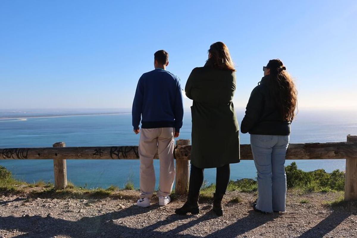 un gruppo di persone in piedi su una recinzione che guarda l'oceano