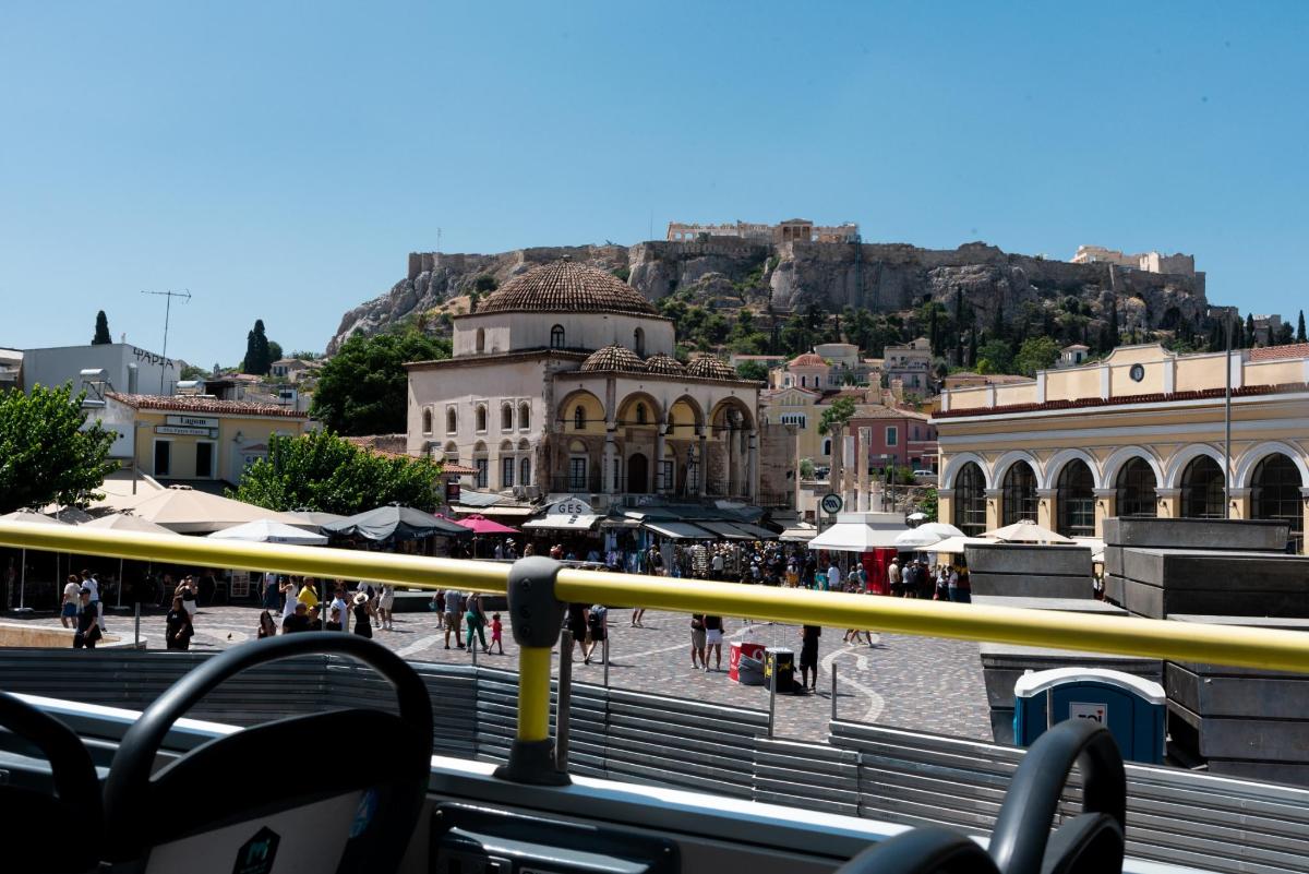a view of a city from a bus