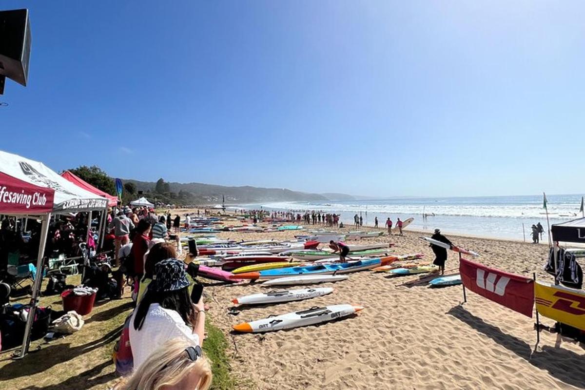 un gruppo di persone su una spiaggia con tavole da surf