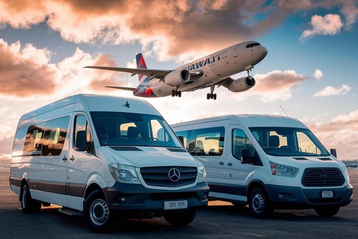 due furgoni parcheggiati in un parcheggio di fronte a un aereo