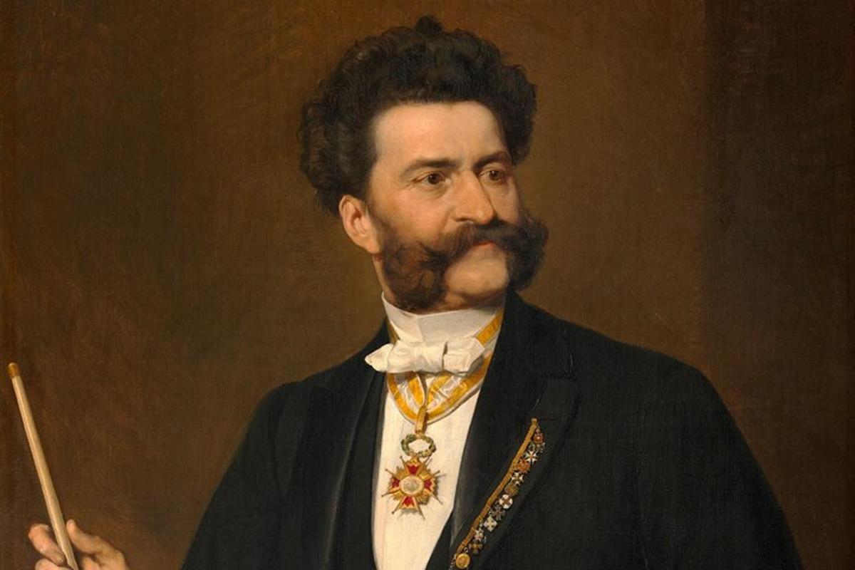 Una pintura de un hombre con traje sosteniendo una varita.