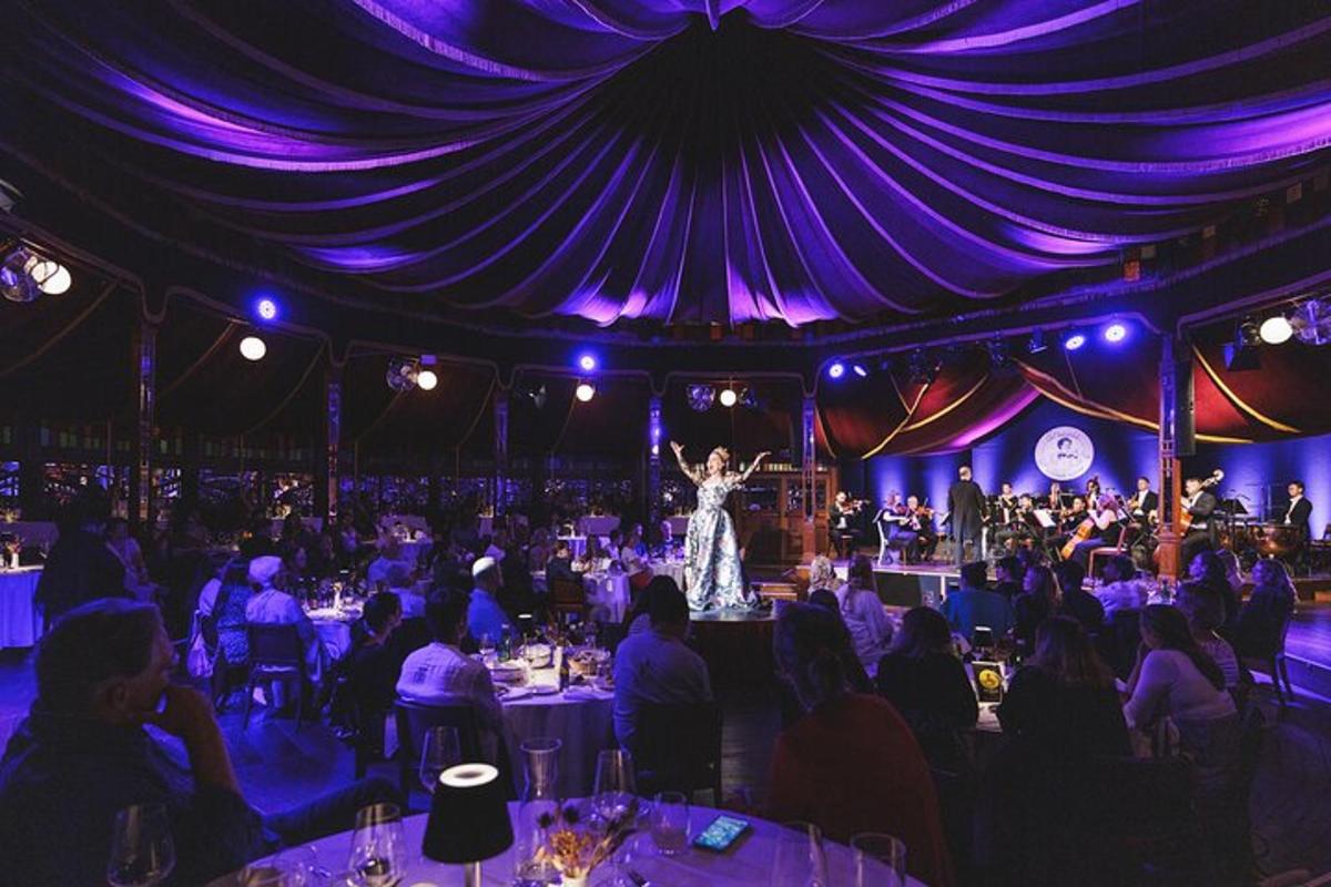 una donna in piedi su un palco in una stanza con una folla