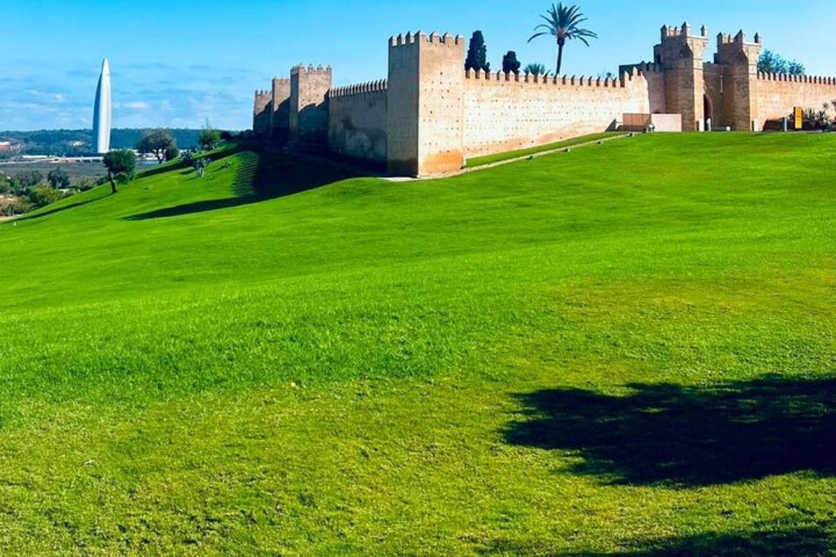 un castello su una collina con un campo verde